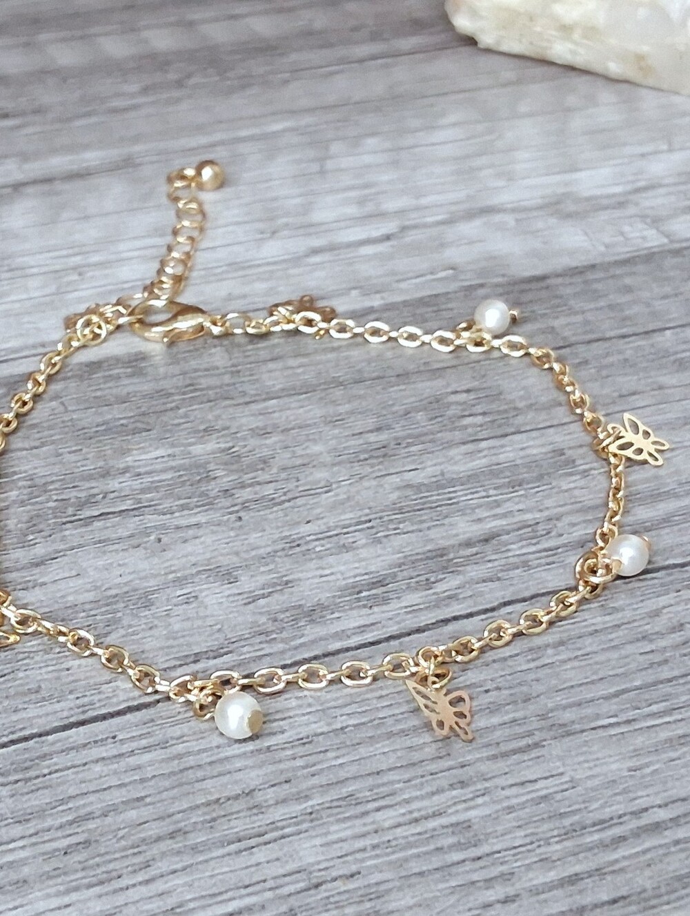 Gold Butterfly & Pearl Charm Bracelet - Women Jewelry